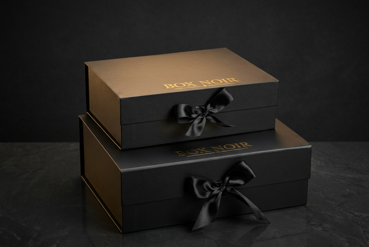 Gentleman fechada — caixa rígida preta, logo dourado e fita de cetim preta