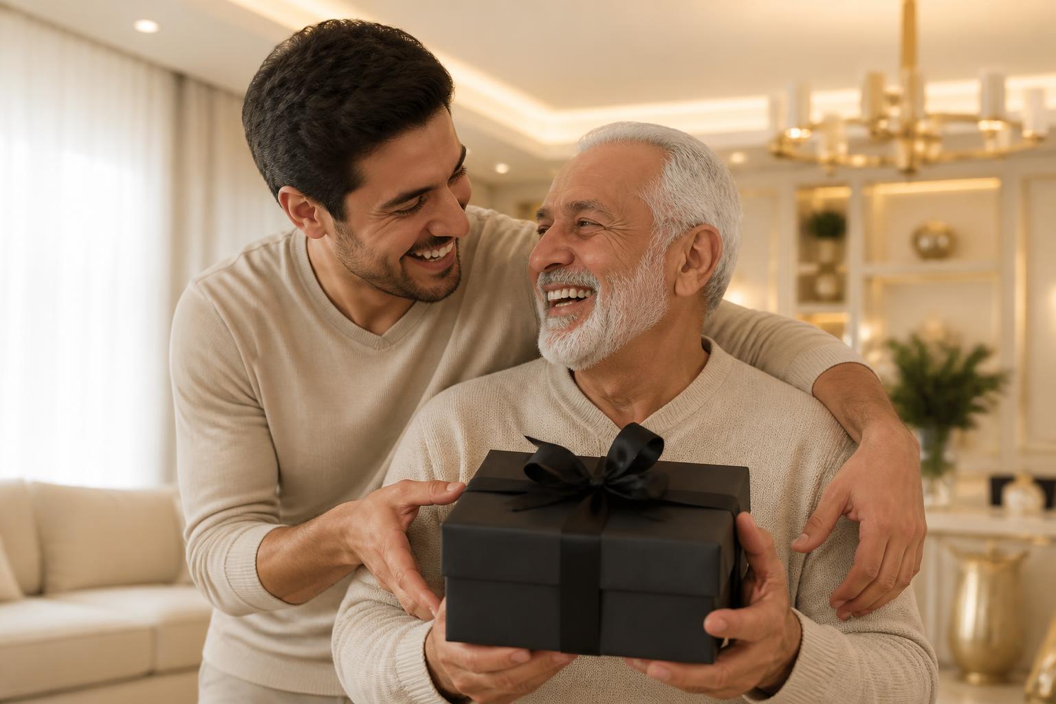 Homem entregando uma Box Noir preta com fita dourada a um senhor sorridente, sala clara com luz natural