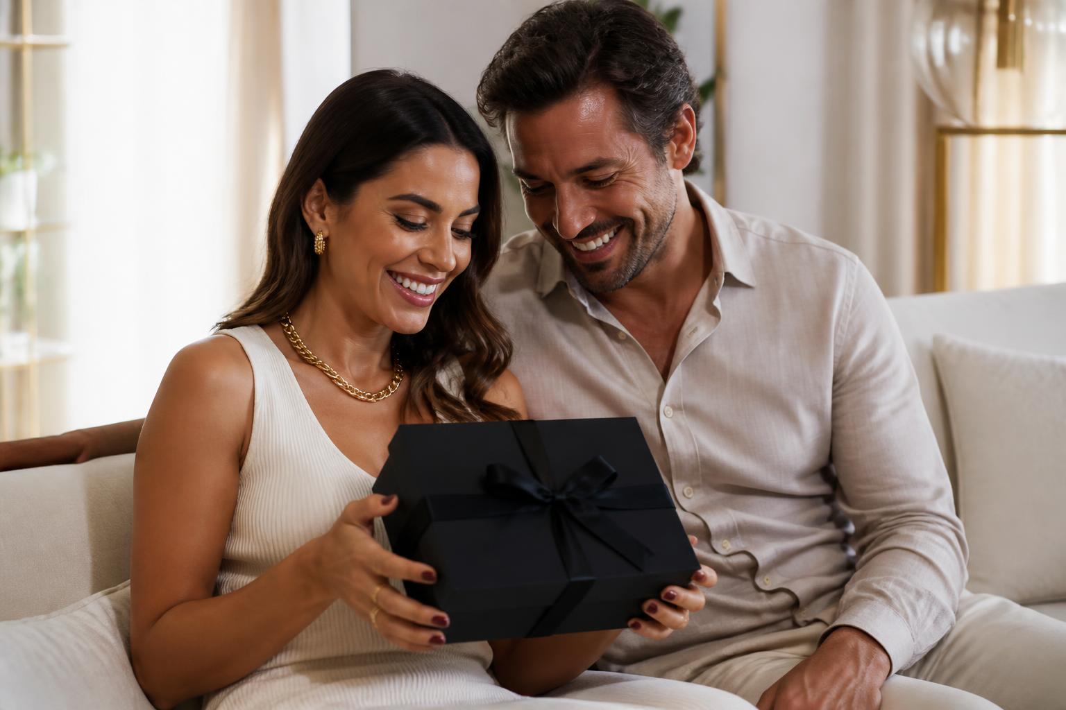 Mulher recebendo uma Box Noir preta com fita dourada das mãos do companheiro, em sala clara com luz natural